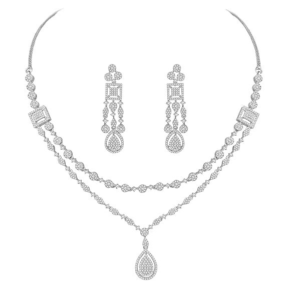 Peora Rose Gold Plated Cubic Zirconia Studded Necklace Drop Earrings Western Jewellery Set for Women Girls1
