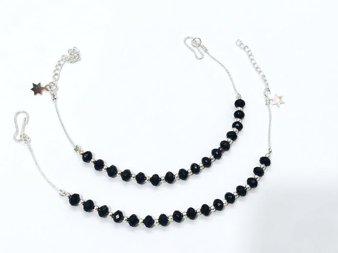 RR 925 Sterling Silver Black Beaded Payals